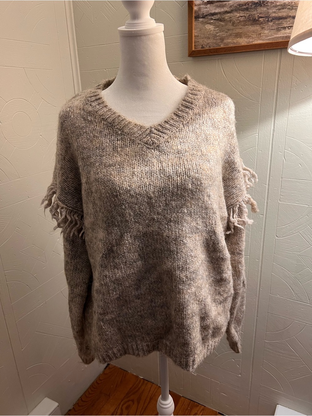 ADORA Neutral Fringe Sleeve V-Neck Sweater